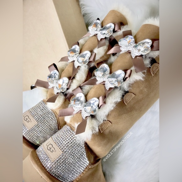 Womens custom bling crystal Bailey bow tall Ugg boots with Swarovski crystals - Picture 7 of 7